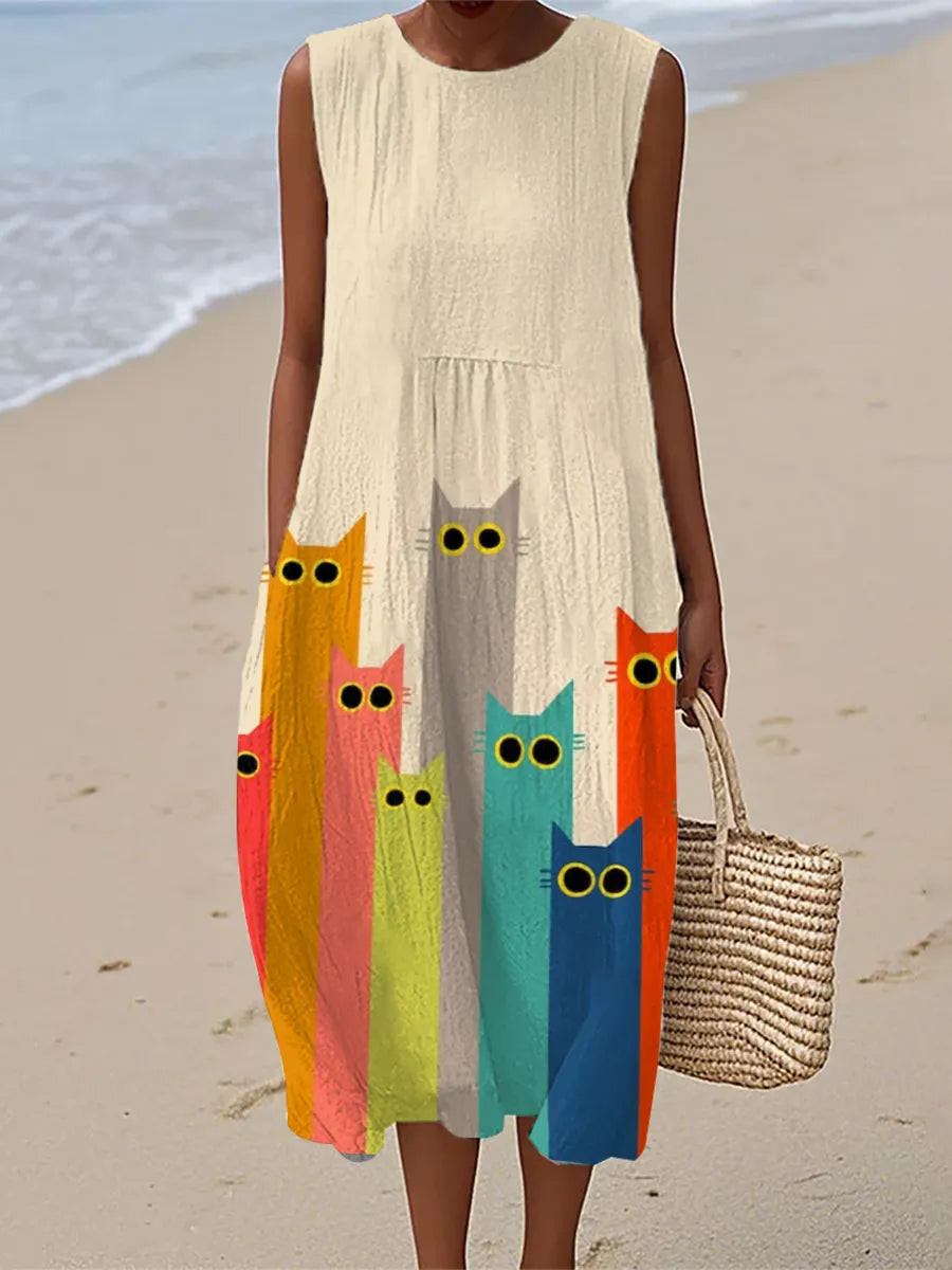Penelope | Colorful Cat Art Print Midi Dress Local Neighbours Sedona