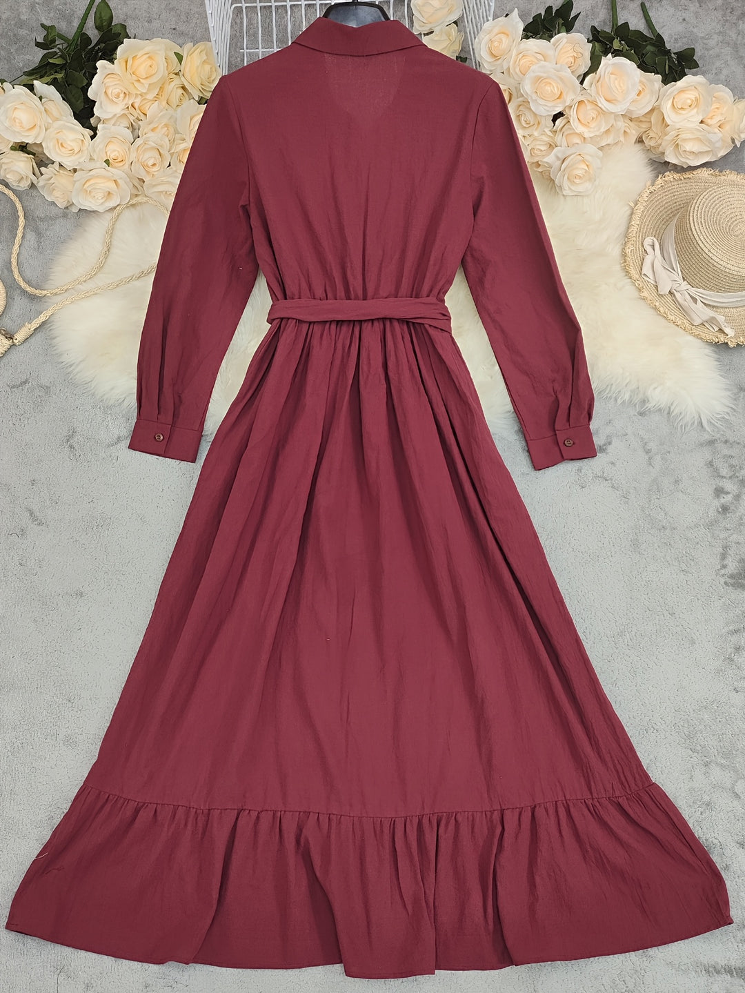 LN1604 Nieuwe Zomer Effen Kleur Puur Lange Mouw Knoopsluiting Kraag Vintage Vakantie Dames Lange Shirt Jurk