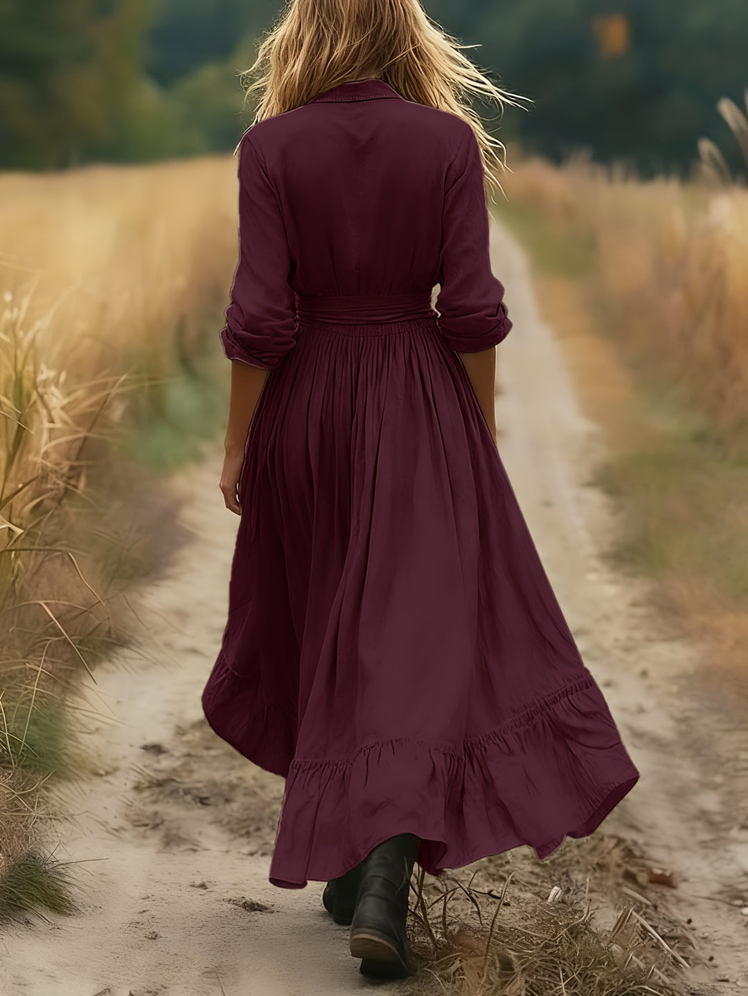 Lente Nieuwe Aanwinsten: Puur Elegante Landelijke Casual Relaxed Bosstijl Effen Kleur Kraag Cardigan Lange Mouwen A-Lijn Gerimpelde Lange Jurk voor Vrouwen