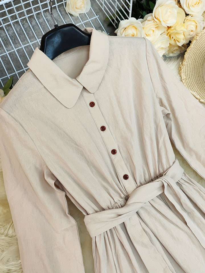 LN1604 Nieuwe Zomer Effen Kleur Puur Lange Mouw Knoopsluiting Kraag Vintage Vakantie Dames Lange Shirt Jurk