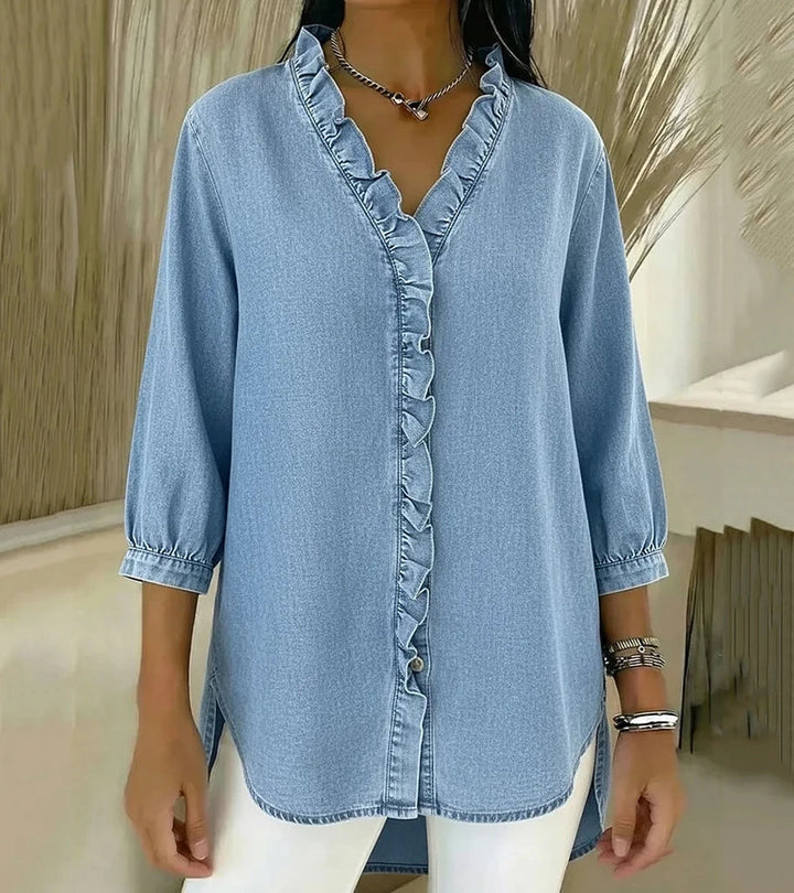Adele | Fluid denim blouse with V-neck and ruffles