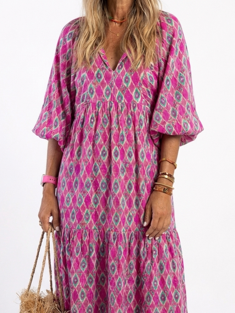 Apolline | Three Quarter Sleeve V Neck Patterned Midi Dress Local Neighbours Sedona