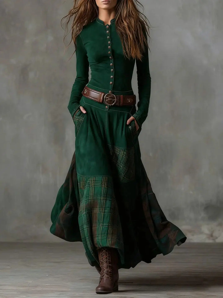 Leonora | Vintage Long Dress in Navy Blue Suede Check (Includes Belt) Clara Monroe