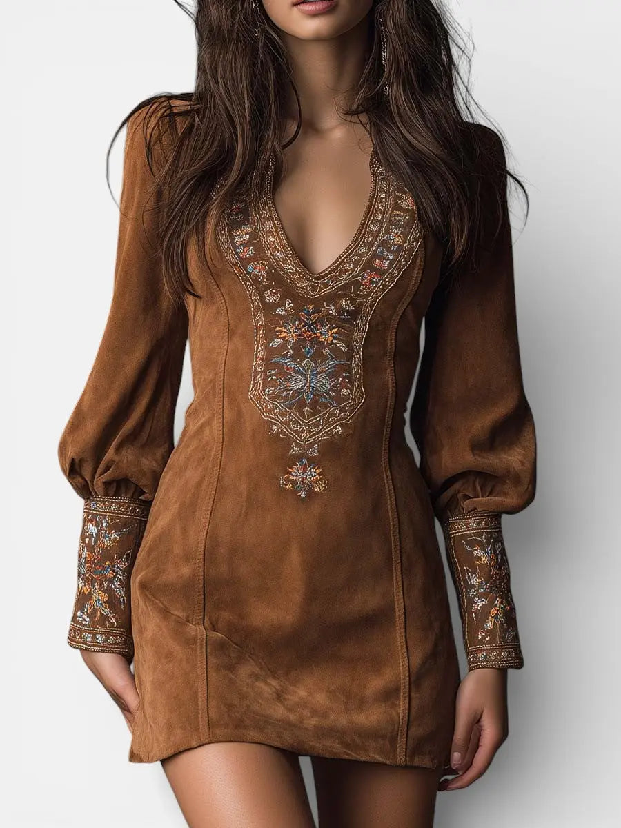 Lunori™ | Embroidered Mini Suede Dress Clara Monroe