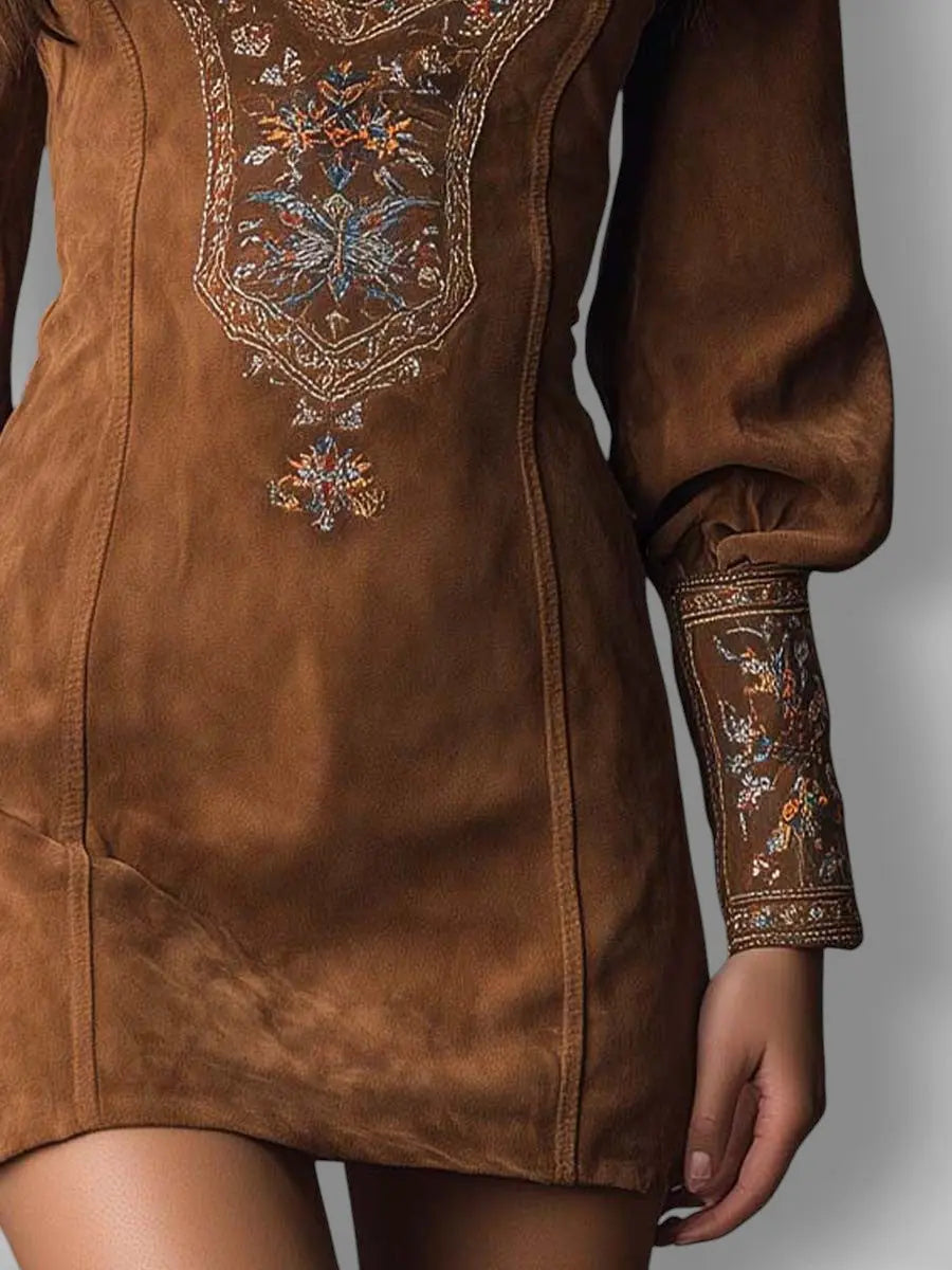 Lunori™ | Embroidered Mini Suede Dress Clara Monroe