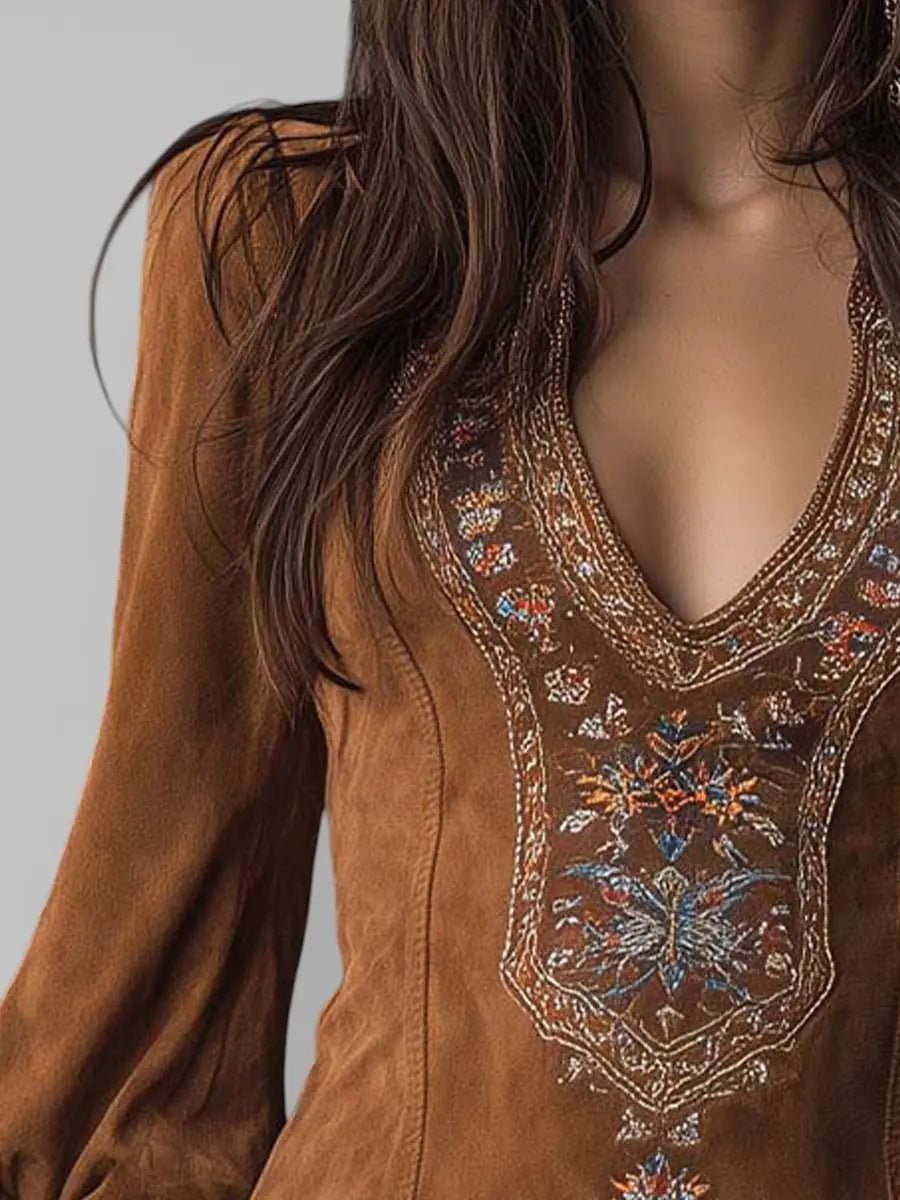 Lunori™ | Embroidered Mini Suede Dress Clara Monroe