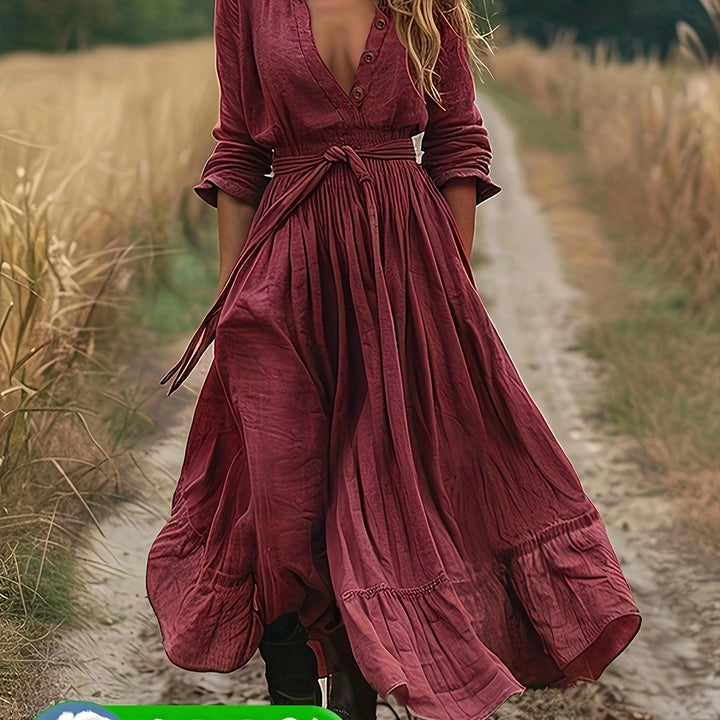 LN1604 Nieuwe Zomer Effen Kleur Puur Lange Mouw Knoopsluiting Kraag Vintage Vakantie Dames Lange Shirt Jurk
