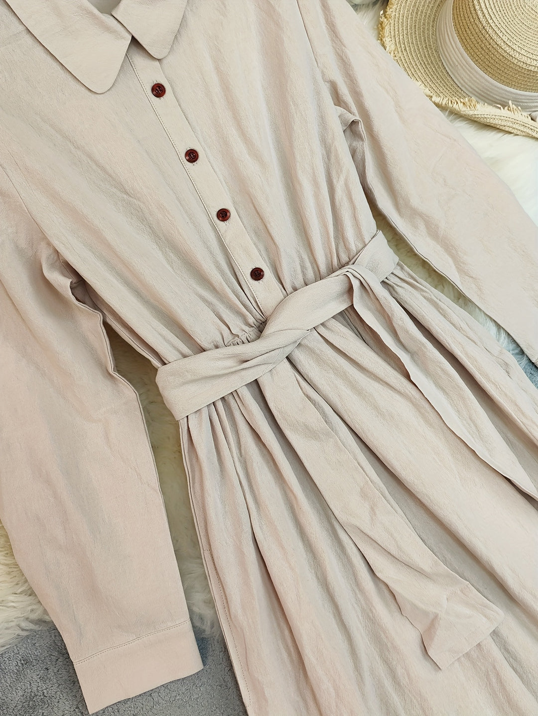 LN1604 Nieuwe Zomer Effen Kleur Puur Lange Mouw Knoopsluiting Kraag Vintage Vakantie Dames Lange Shirt Jurk