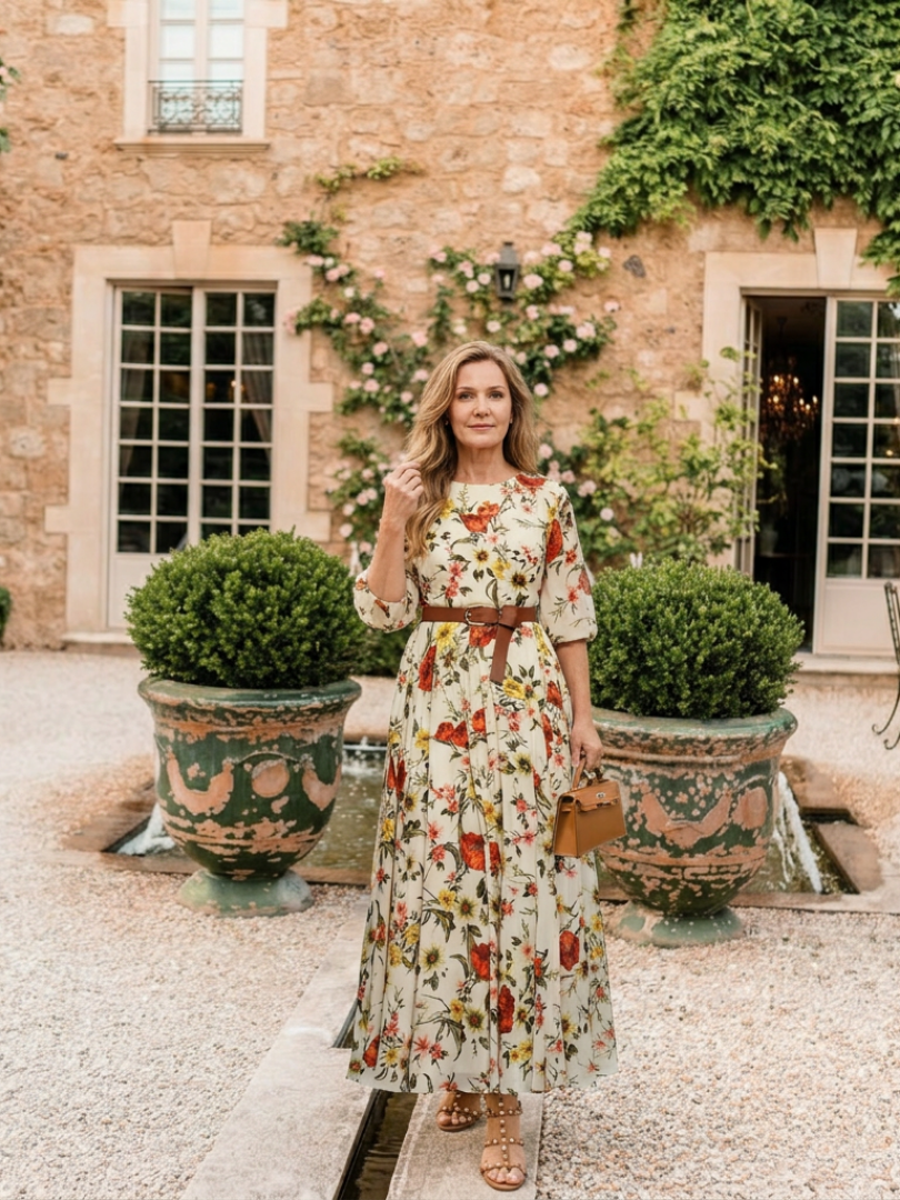 Odelia | Round Neck Three Quarter Sleeve Belted Maxi Dress Local Neighbours Sedona