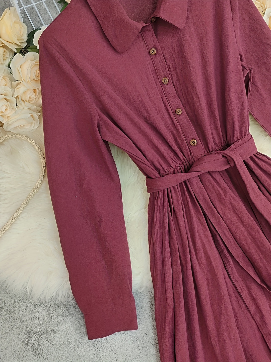 LN1604 Nieuwe Zomer Effen Kleur Puur Lange Mouw Knoopsluiting Kraag Vintage Vakantie Dames Lange Shirt Jurk